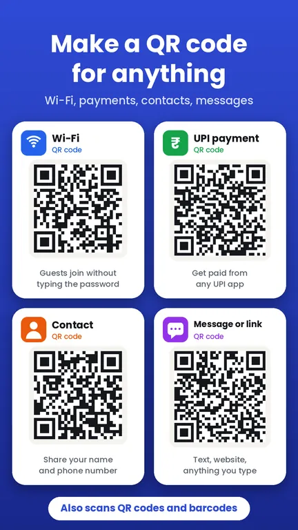 Make QR codes for Wi-Fi, UPI, contact and messages
